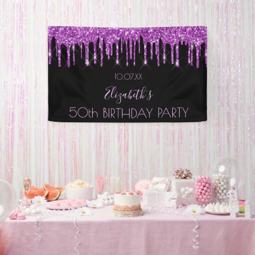 Birthday party black purple glitter glamorous banner