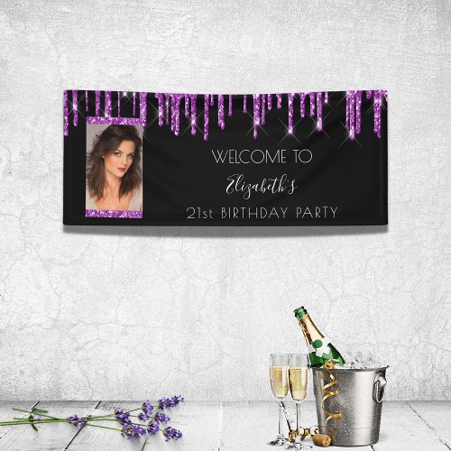 Birthday party black purple glitter photo welcome banner