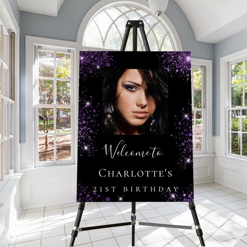 Birthday party black purple glitter photo welcome foam board