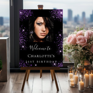 Birthday party black purple glitter photo welcome foam board