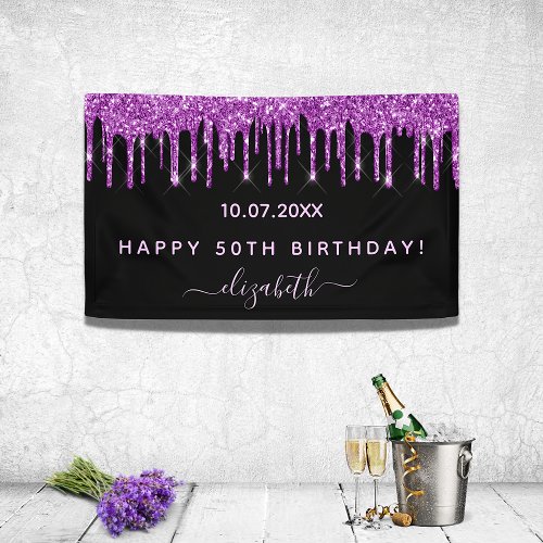 Birthday party black purple glitter sparkle glam banner