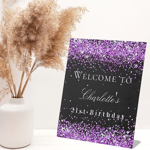 Birthday party black purple glitter welcome pedestal sign