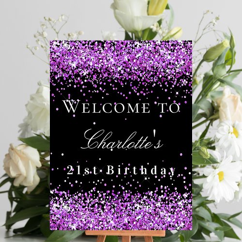 Birthday party black purple glitter welcome poster