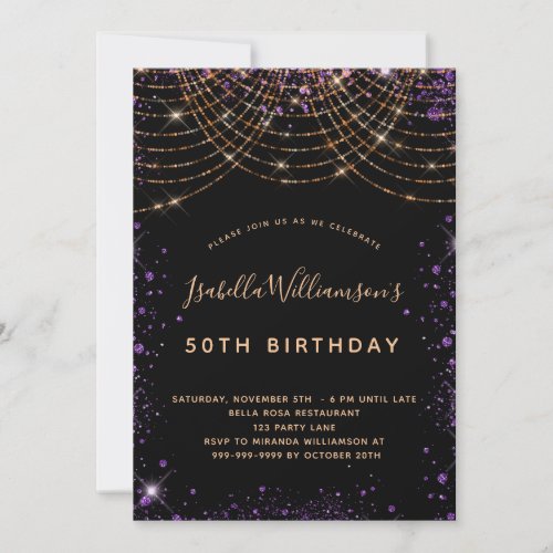 Birthday party black purple gold glitter dust invitation