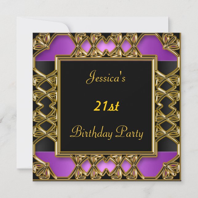 Birthday Party  Black Purple Gold Invitation (Front)