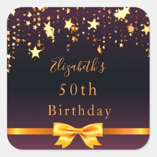 Birthday party black purple gold stars modern square sticker