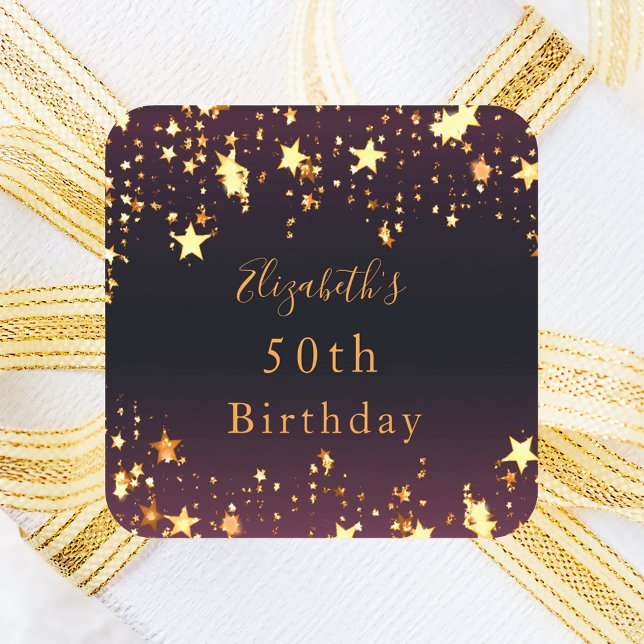 Birthday party black purple gold stars square sticker (Creator Uploaded)
