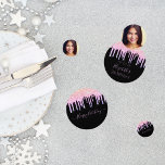 Birthday party black rainbow glitter photo pink confetti<br><div class="desc">Girly and feminine confetti for your 21st (or any age) birthday party table setting. A chic black background decorated with rainbow colored faux glitter drips in purple, pink and rose gold. Personalize and add a date and name/age 21. Lavender colored letters. Some confetti chips with name and date, others with...</div>