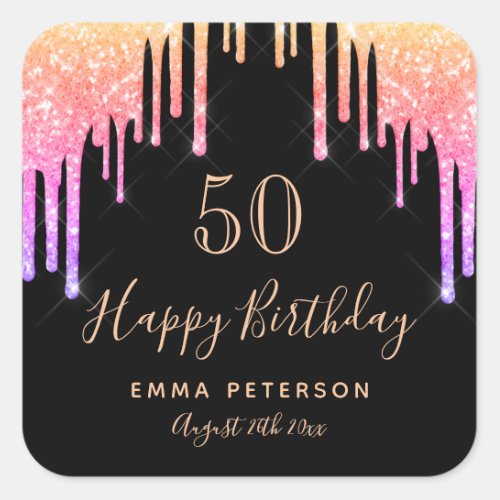 Birthday party black rainbow glitter pink purple square sticker