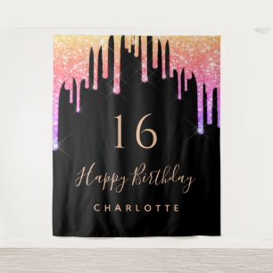 Birthday party black rainbow glitter pink purple tapestry