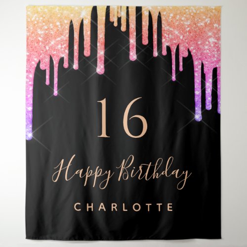 Birthday party black rainbow glitter pink purple tapestry