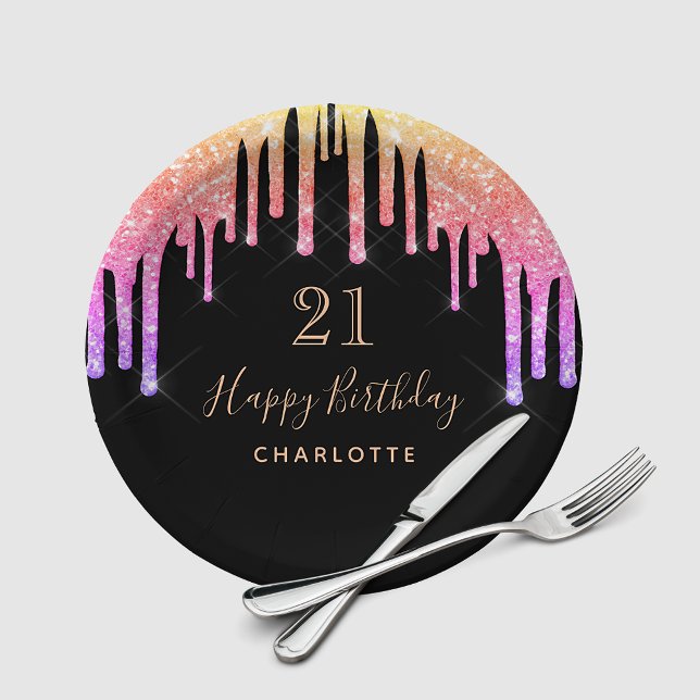 Birthday party black rainbow glitter pink sparkle paper plates (Creator Uploaded)