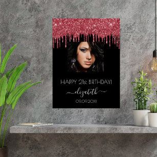 Birthday party black red glitter drips photo  poster