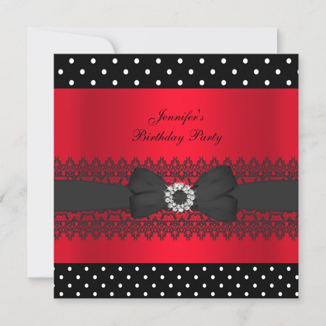 Birthday Party Black Red Polka Dots Bow Invitation (Front)
