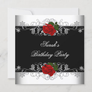 Birthday Party Black Red Rose White Flowers Invitation