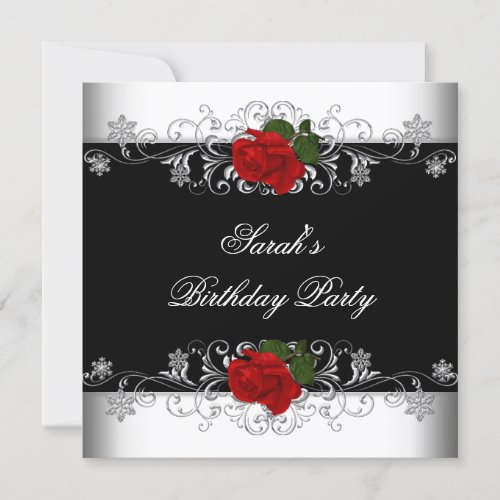Birthday Party Black Red Rose White Flowers Personalized Invitations