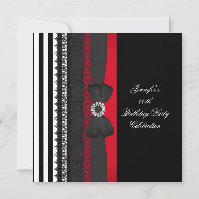 Birthday Party Black Red White Stripe Bow Invitation (Front)
