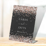 Birthday party black rose gold cards gifts pedestal sign<br><div class="desc">A black background with rose gold confetti.  Text: Cards and Gifts.  Thank you!
For birthdays,  weddings,  bridals showers.</div>