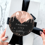 Birthday party black rose gold glitter balloons classic round sticker<br><div class="desc">For an elegant 21st (or any age) birthday party. A chic black background. Decorated with rose gold faux glitter drips,  paint dripping look,  glitter sparkles and balloons.  Personalize and add the name and age 21.</div>