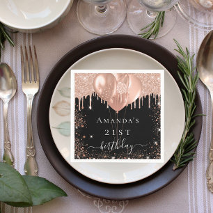 Birthday party black rose gold glitter balloons napkins