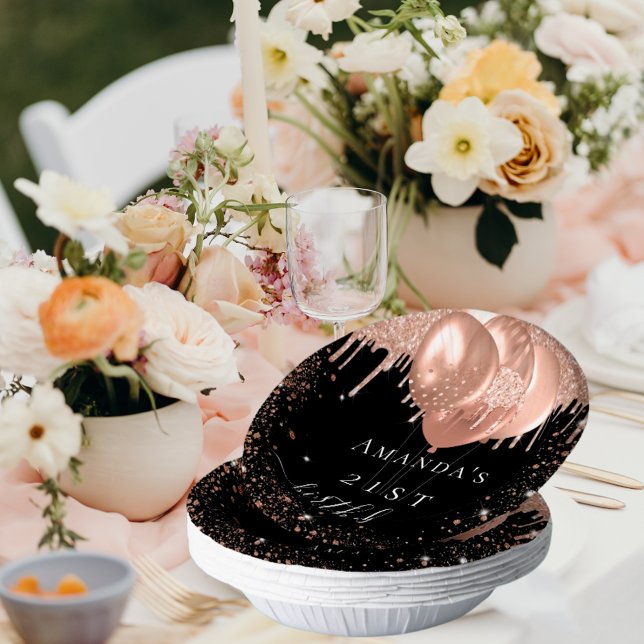 Birthday party black rose gold glitter balloons paper bowls (Creator Uploaded)