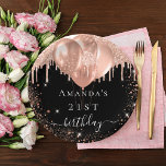 Birthday party black rose gold glitter balloons paper plates<br><div class="desc">For an elegant 21st (or any age) birthday party. A chic black background. Decorated with rose gold faux glitter drips,  paint dripping look,  glitter sparkles and balloons.  Personalize and add the name and age 21.</div>