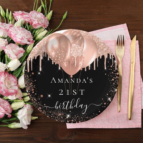 Birthday party black rose gold glitter balloons paper plates
