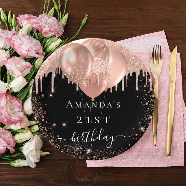 Birthday party black rose gold glitter balloons paper plates (Creator Uploaded)