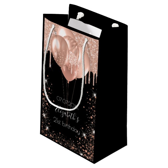 Birthday party black rose gold glitter balloons small gift bag (Back Angled)
