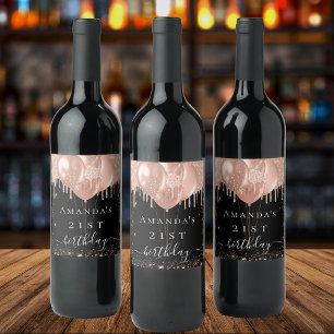 Birthday party black rose gold glitter balloons wine label