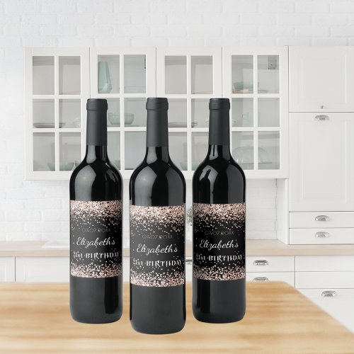 Birthday party black rose gold glitter dust name  wine label