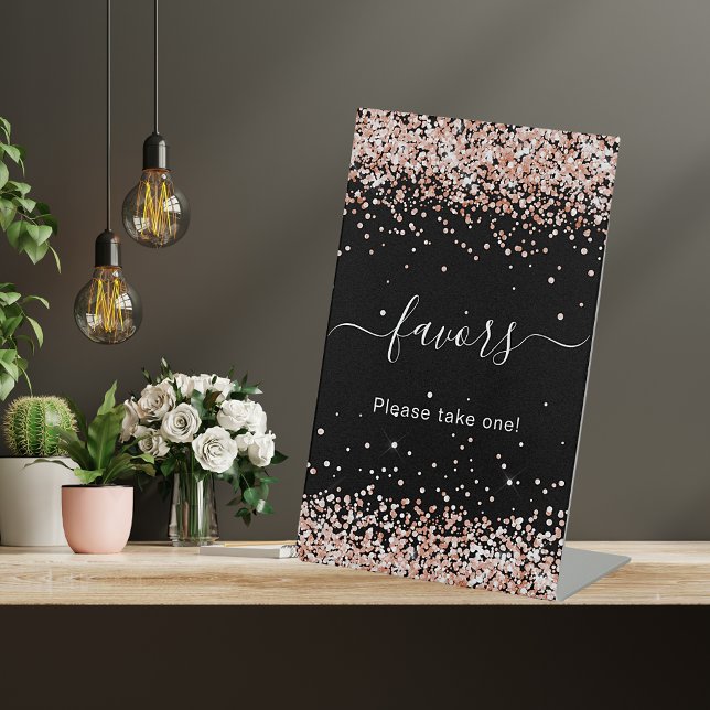 Birthday party black rose gold glitter guest favor pedestal sign (Creator Uploaded)