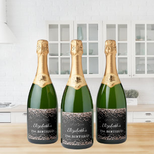 Birthday party black rose gold glitter name sparkling wine label