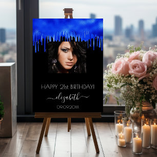 Birthday party black royal blue drips photo name foam board