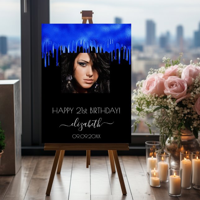 Birthday party black royal blue drips photo name foam board (Creator Uploaded)