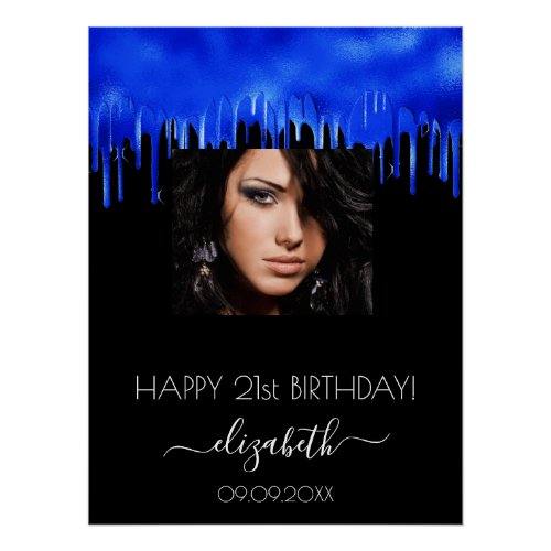 Birthday party black royal blue drips photo name poster