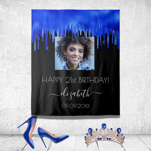 Birthday party black royal blue drips photo name tapestry