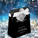 Birthday party black silver balloons thank you favor boxes<br><div class="desc">Elegant, classic, glamorous and girly for a 21st (or any age) birthday party favors. A black background, decorated with faux glitter drips and faux silver colored balloons. With the text: 21st Birthday and Thank You written with a modern hand lettered style script. Personalize and add a name and a date....</div>