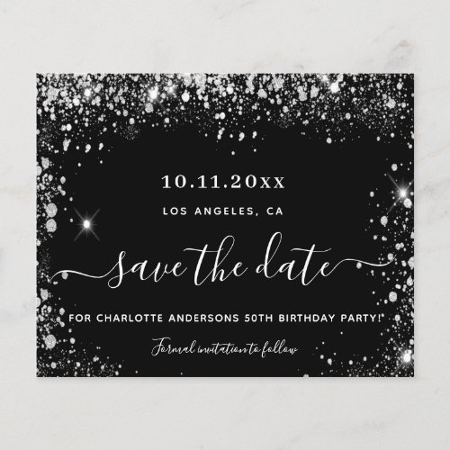 Birthday party black silver budget save the date flyer