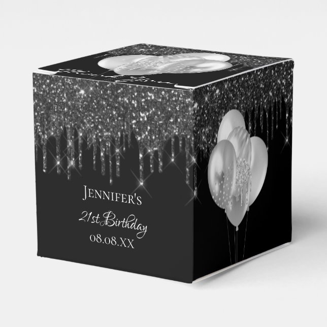 Birthday party black silver glitter balloons  favor boxes (Front Side)