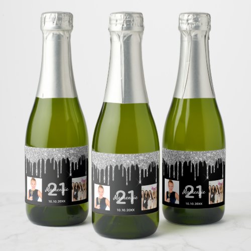 Birthday party black silver glitter drips photo sparkling wine label