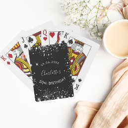 Birthday party black silver glitter dust name playing cards