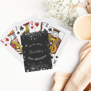 Birthday party black silver glitter dust name poker cards