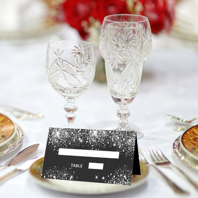 Birthday party black silver glitter dust place card (Creator Uploaded)