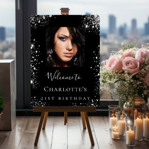 Birthday party black silver glitter photo welcome foam board