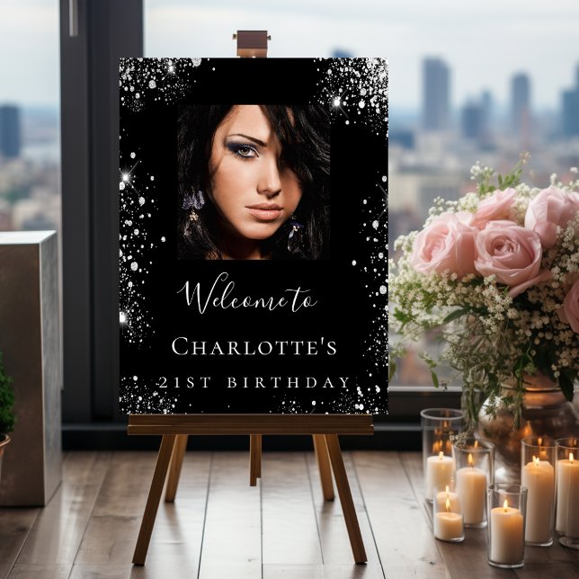 Birthday party black silver glitter photo welcome  foam board (Creator Uploaded)