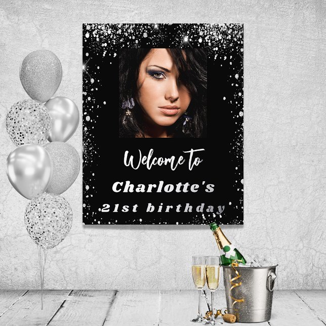 Birthday party black silver glitter photo welcome foil prints (Creator Uploaded)