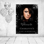 Birthday party black silver glitter photo welcome poster<br><div class="desc">A welcome poster for a 21st (or any age) birthday party. Personalize and add a photo,  a name and age. A classic black background and faux silver glitter dust.
Back: no design.</div>