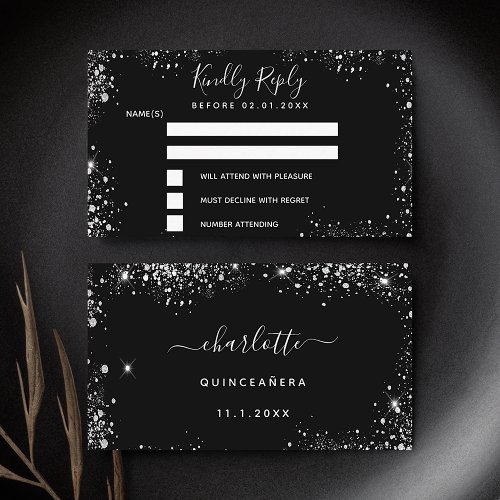 Birthday party black silver glitter RSVP Enclosure Card