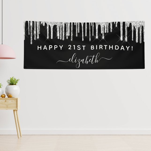 Birthday party black silver glitter sparkle glam banner (Creator Uploaded)